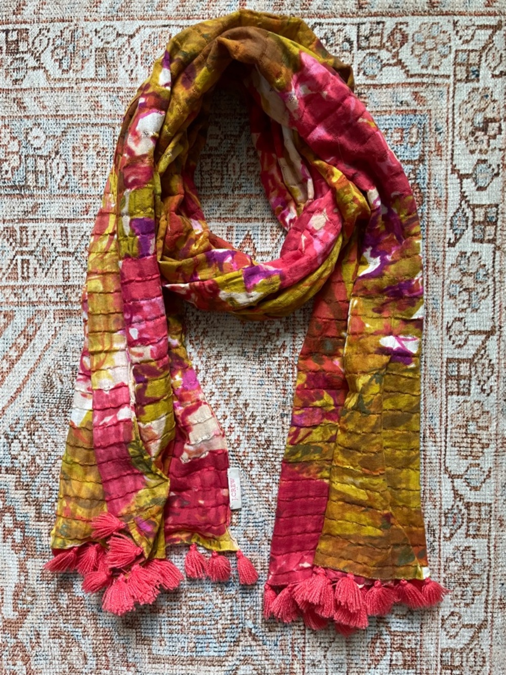 J. Crew Pink & Green Tassel Scarf
